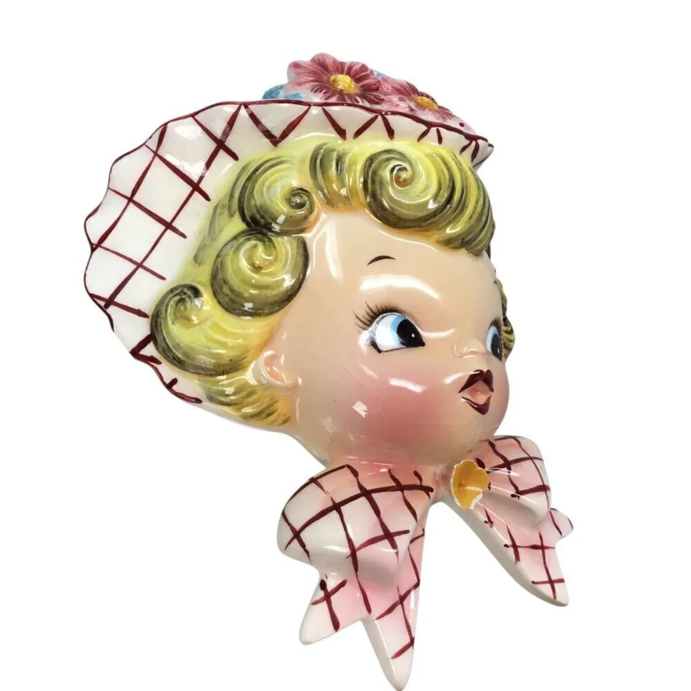 Lefton 6767 Miss Dainty Wall Pocket 1956 Vintage Vase HTF Blond Girl Bonnet Bow